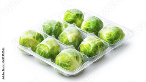 Obraz na płótnie Frozen Brussels Sprouts in Transparent Packaging Isolated on White Background. Generative AI w salonie