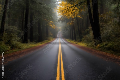 Obraz na płótnie Scenic route winding through majestic Redwood trees during a misty autumn morning, creating a captivating atmosphere w salonie