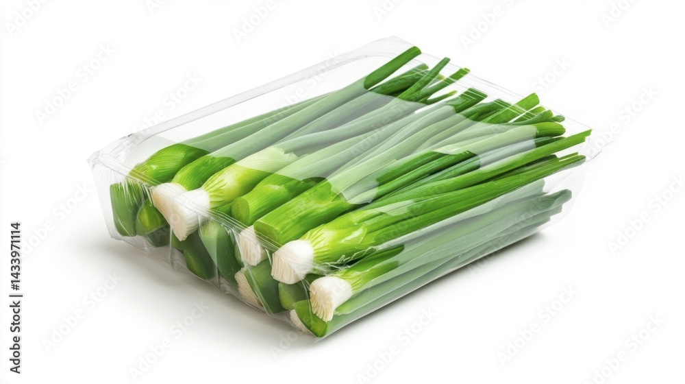 Frozen Scallions in Transparent Packaging Isolated on White Background. Generative AI
