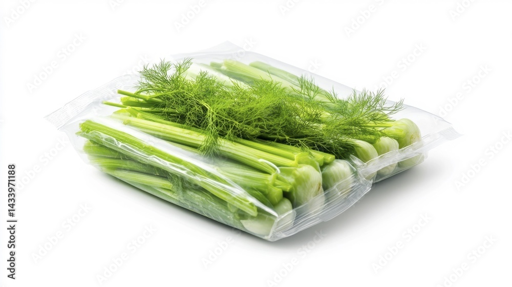 Fresh packaged celery stalks with green leaves on white background. Generative AI