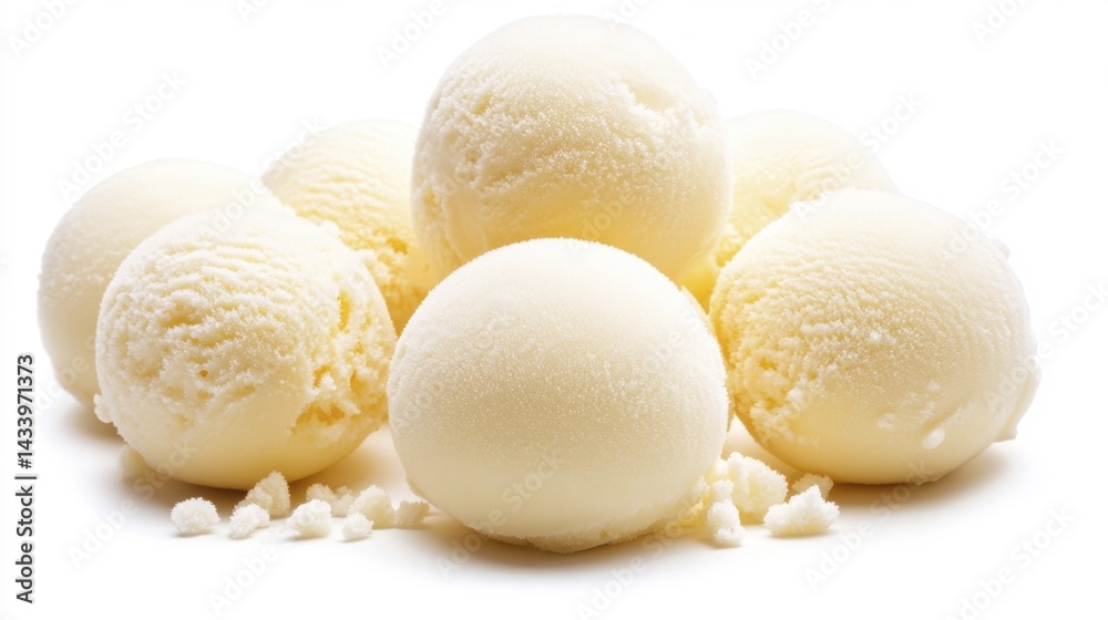 Fresh vanilla ice cream scoops with sugar crystals on white background. Generative AI