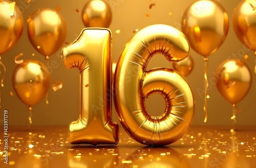 Golden balloons in the shape of the number 16 on a festive golden background	