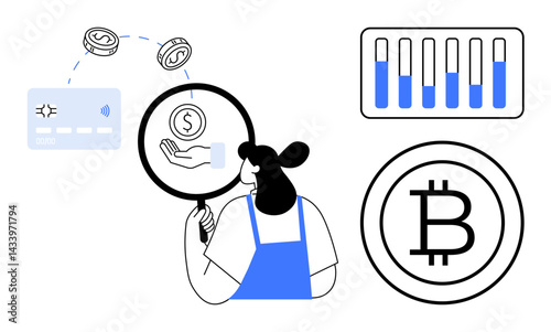 Wallpaper Mural Woman examines financial growth through magnifying glass, evaluating currency exchange and cryptocurrency trends, payment methods, and analytical charts. Ideal for fintech, finance, investment Torontodigital.ca