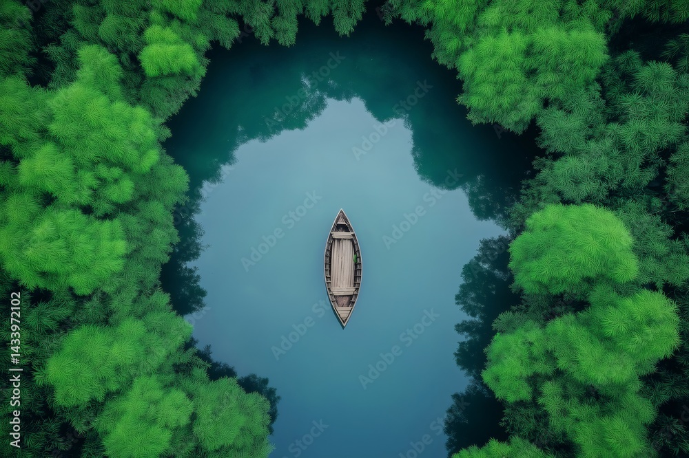 Aerial view of a small wooden boat floating on a calm, mirror like lake, surrounded by vibrant green trees, creating a serene and picturesque scene