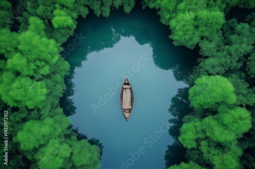 Obraz na płótnie Aerial view of a small wooden boat floating on a calm, mirror like lake, surrounded by vibrant green trees, creating a serene and picturesque scene w salonie