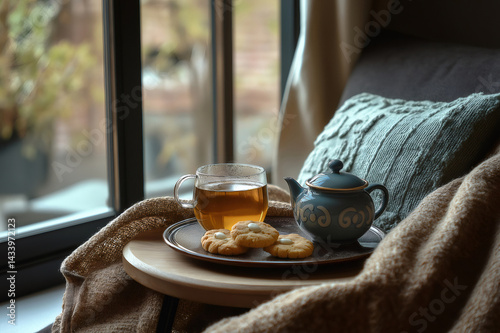 Obraz na płótnie Tea, teapot and cookies on a small table next to a window and a cozy armchair with a warm blanket and a pillow, perfect for a relaxing afternoon w salonie