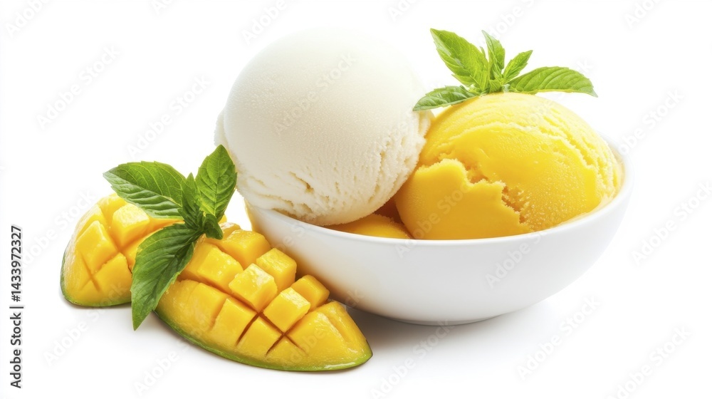 Mango Sticky Rice Ice Cream Balls Isolated on White Background. Generative AI