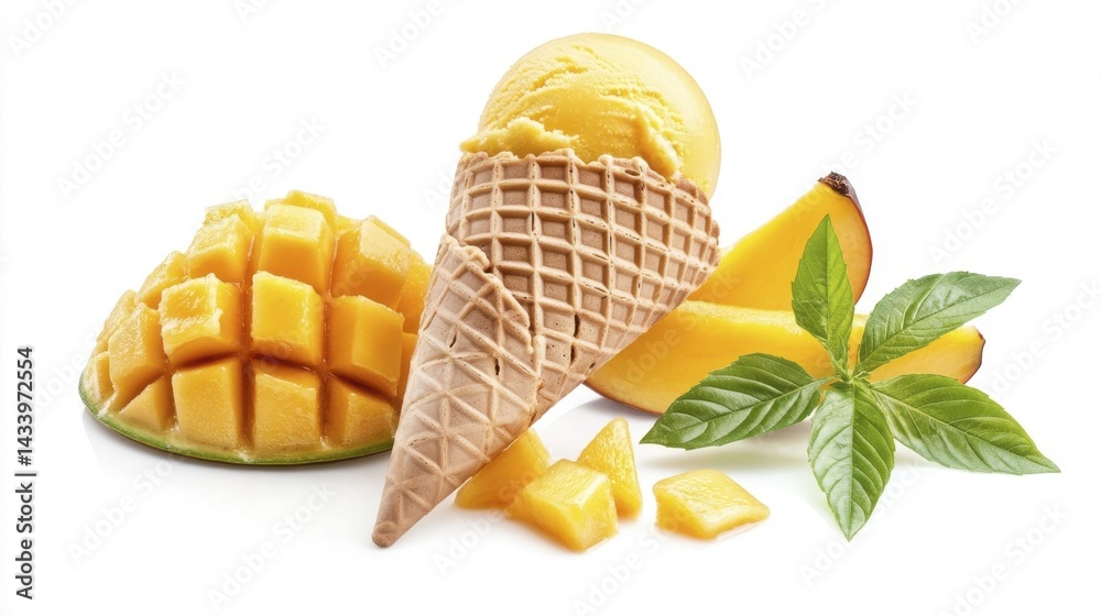 Mango Ice Cream in Waffle Cone on Isolated White Background. Generative AI