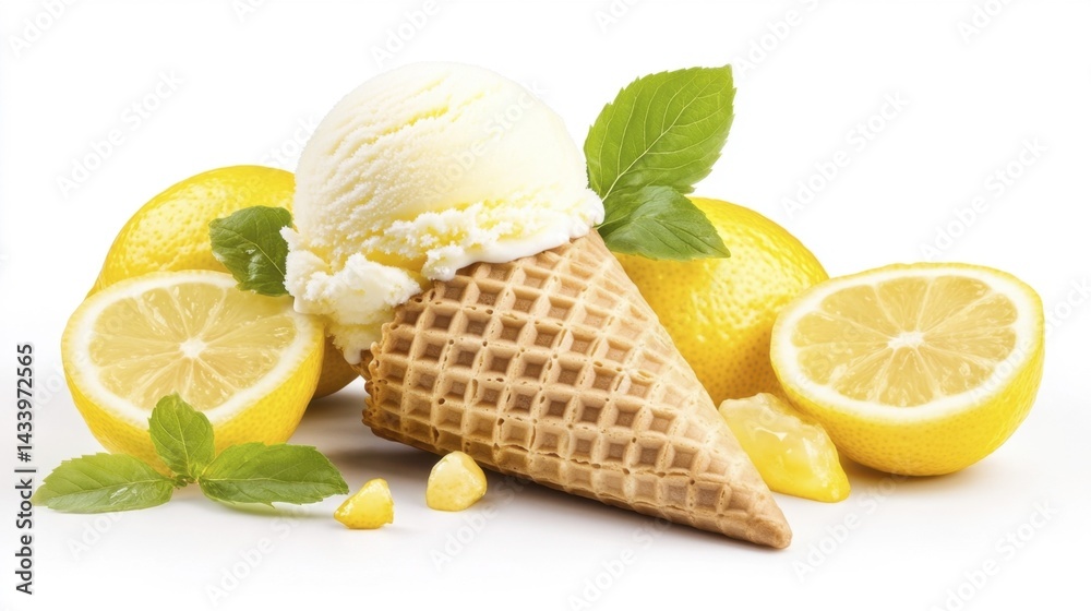 Lemon ice cream in waffle cone isolated on white background. Generative AI