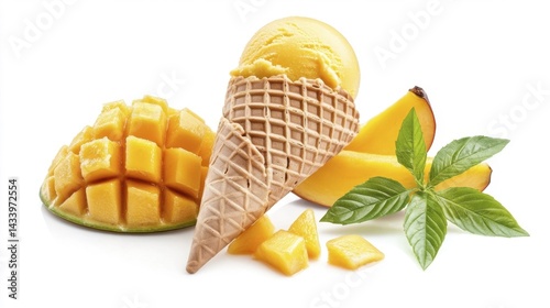 Obraz na płótnie Mango Ice Cream in Waffle Cone on Isolated White Background. Generative AI w salonie