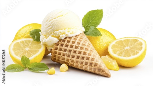 Obraz na płótnie Lemon ice cream in waffle cone isolated on white background. Generative AI w salonie