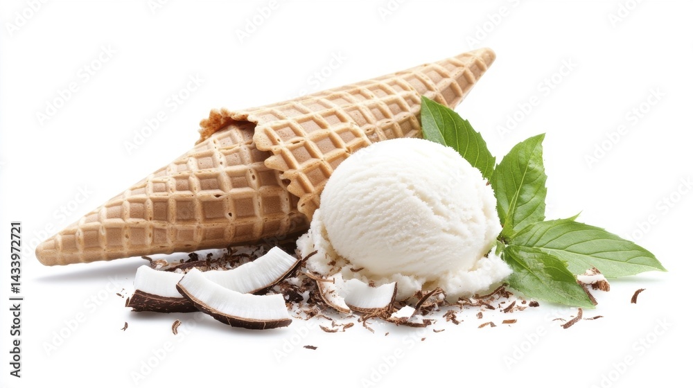 Delicious Coconut Ice Cream with Waffle Cone and Fresh Mint. Generative AI
