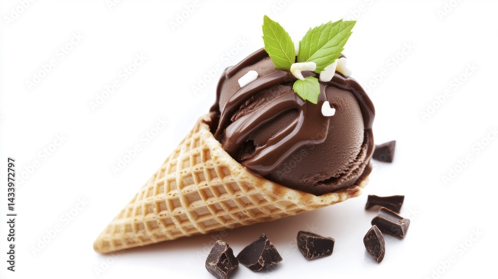 Chocolate Fudge Ice Cream in Waffle Cone Isolated on White Background. Generative AI