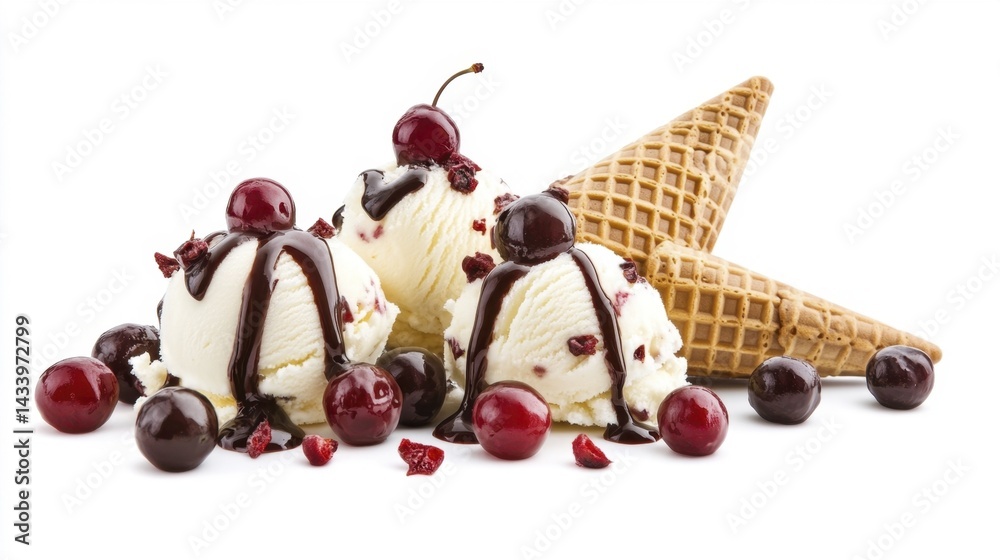 Cherry Garcia ice cream in waffle cone isolated on white background. Generative AI