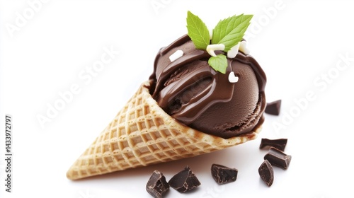 Obraz na płótnie Chocolate Fudge Ice Cream in Waffle Cone Isolated on White Background. Generative AI w salonie