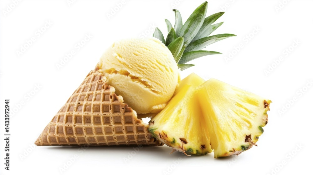 Pineapple Ice Cream Cone with Fresh Pineapple Slices. Generative AI