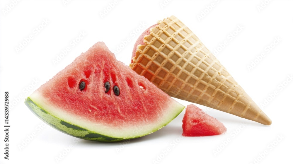 Watermelon Slice and Ice Cream Cone on White Background. Generative AI