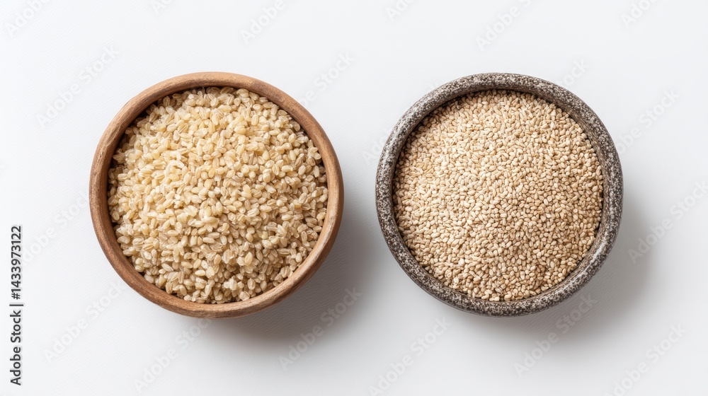 Raw grain seeds in wooden and stone bowls on white surface for culinary and health concepts Raw grain seeds in wooden and stone bowls on white surface for culinary and health concepts