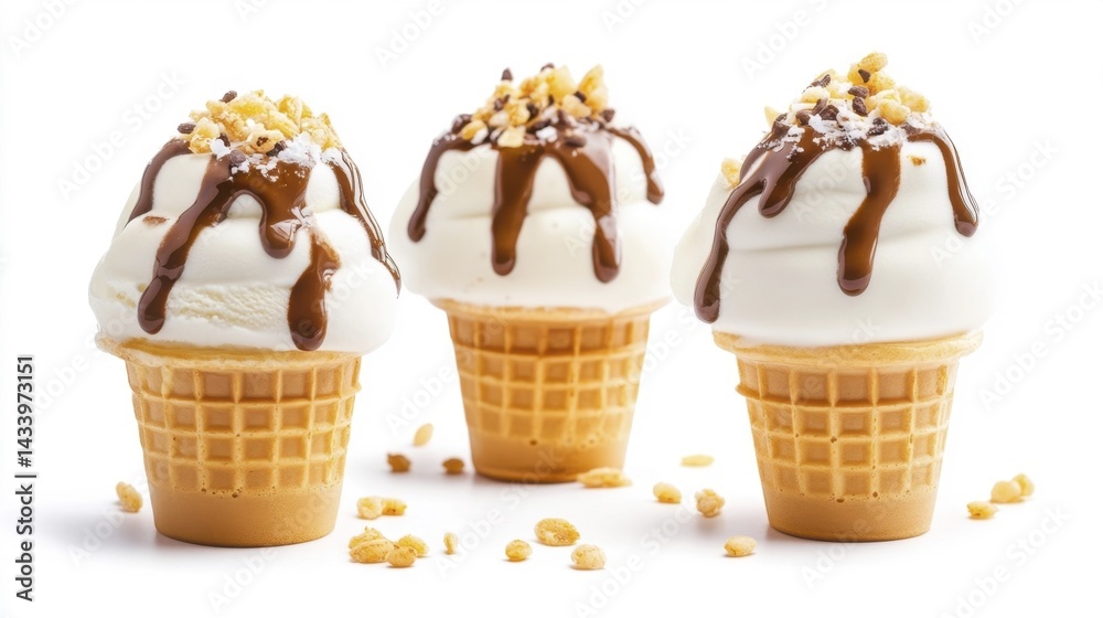 Delicious ice cream cones with chocolate and nuts topping. Generative AI