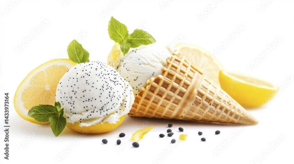 Lemon poppy seed ice cream in waffle cone isolated on white background. Generative AI