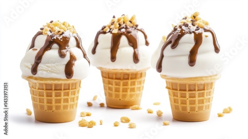 Obraz na płótnie Delicious ice cream cones with chocolate and nuts topping. Generative AI w salonie