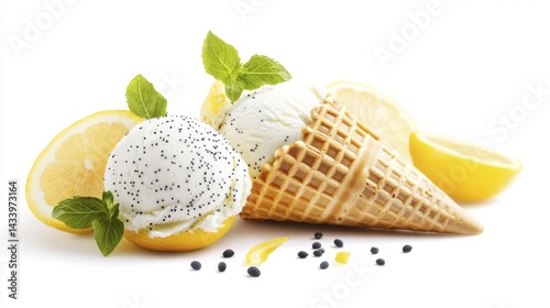 Obraz na płótnie Lemon poppy seed ice cream in waffle cone isolated on white background. Generative AI w salonie