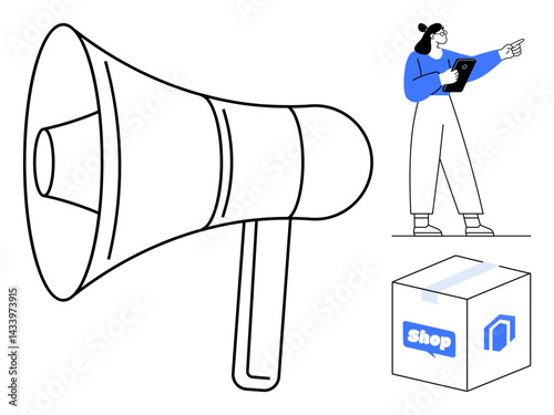Woman holding tablet, pointing as she oversees digital store communications. Features megaphone symbolizing marketing and delivery box for commerce. Ideal for e-commerce, digital marketing