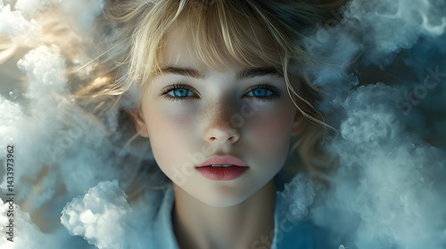 Close-up portrait of a young girl surrounded by soft, ethereal clouds.