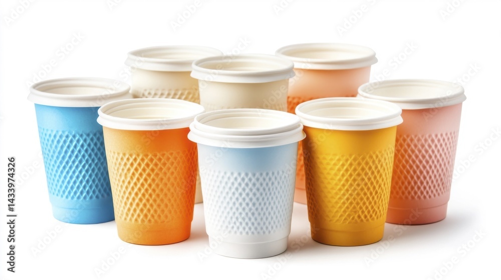 Colorful disposable paper cups mockup isolated on white background. Generative AI