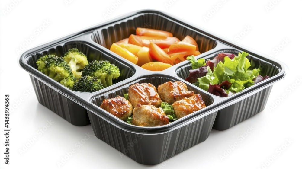 Food tray with broccoli meatballs carrots and salad in a black packing tray isolated on white background. Generative AI