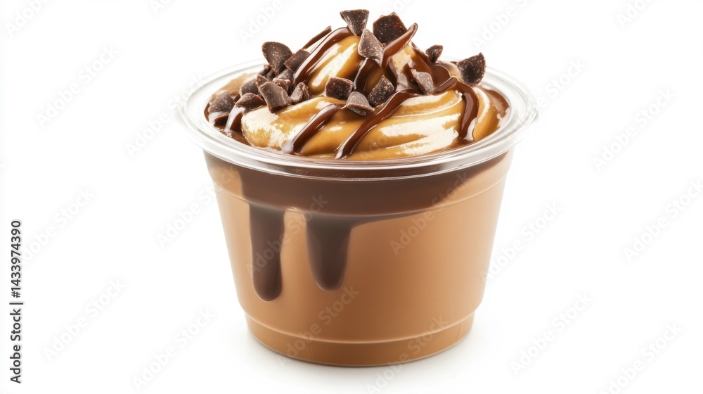 Delicious chocolate pudding cup with toppings isolated on white background. Generative AI