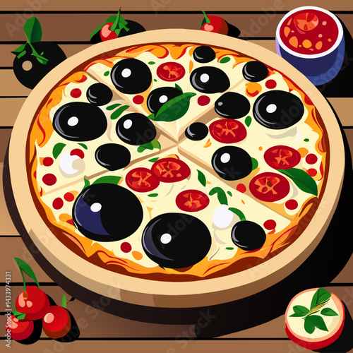 Illustration of a pizza with olives, tomatoes and mozzarella