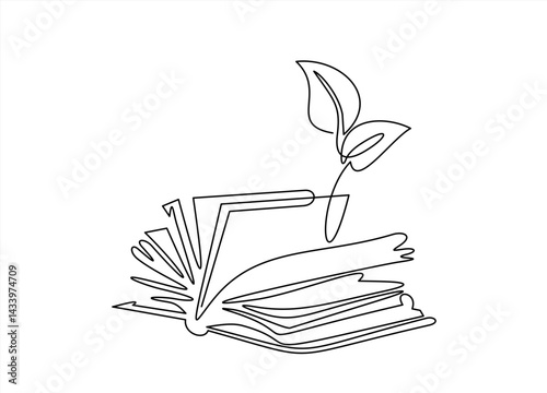 Opened book with sprout plant in one continuous line drawing . Education study and knowledge concept in simple linear style. Growing wisdom in editable stroke. Doodle contour vector illustration
