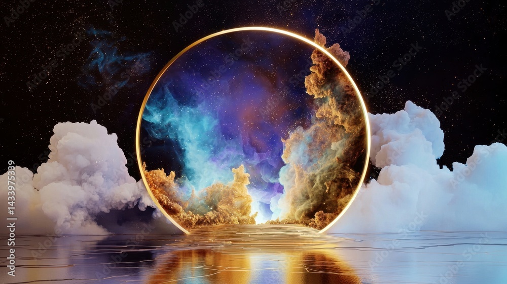 Abstract nebula cloud in space, infused with gold shimmer and cobalt tones