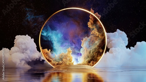 Abstract nebula cloud in space, infused with gold shimmer and cobalt tones
