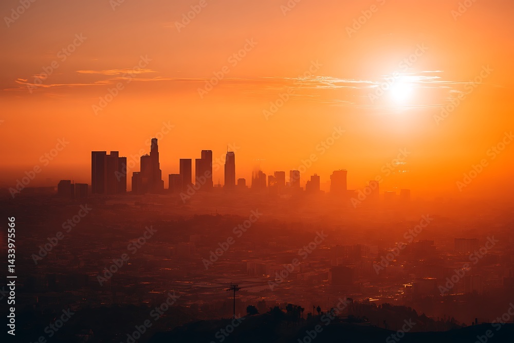 Naklejka premium Stunning orange yellow dusk over city horizon 