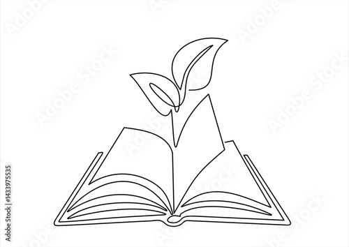 Opened book with sprout plant in one continuous line drawing . Education study and knowledge concept in simple linear style. Growing wisdom in editable stroke. Doodle contour vector illustration