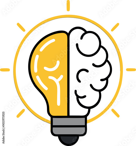 Innovative Brainlight Fusion Vector Illustration: Merged Lightbulb and Brain Concept for Creative Intelligence, Idea Generation & Breakthrough Digital Innovation