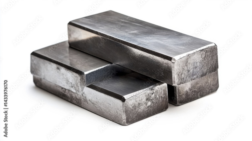 Close up view of shiny metal ingots on white background. Generative AI