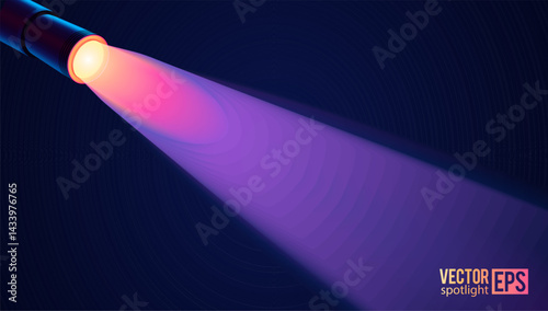Vector violet and magenta diagonal spotlight beam with ring pattern on dark stage background