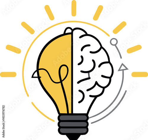 Innovative Brainlight Fusion Vector Illustration: Merged Lightbulb and Brain Concept for Creative Intelligence, Idea Generation & Breakthrough Digital Innovation