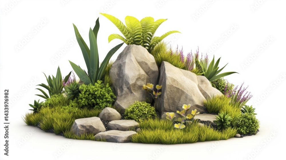 Isolated stone and plants on a white background. Generative AI
