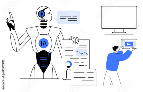 Robot labeled IA analyzing graphs and documents, human holding tablet with media, blank monitor. Ideal for AI, innovation, teamwork, technology, business, analysis simple landing page