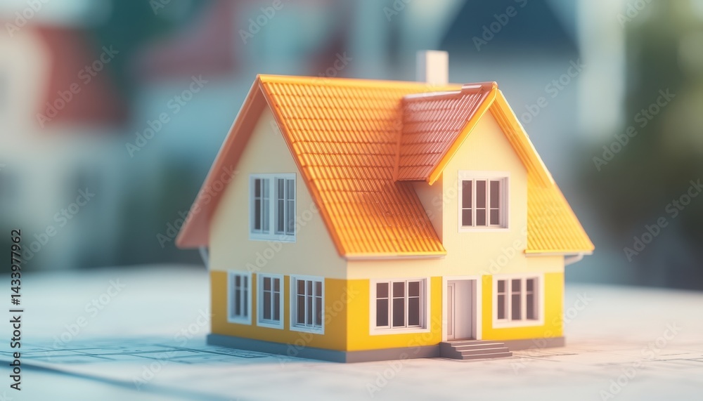 Miniature home model sits on blueprints Miniature home model sits on blueprints