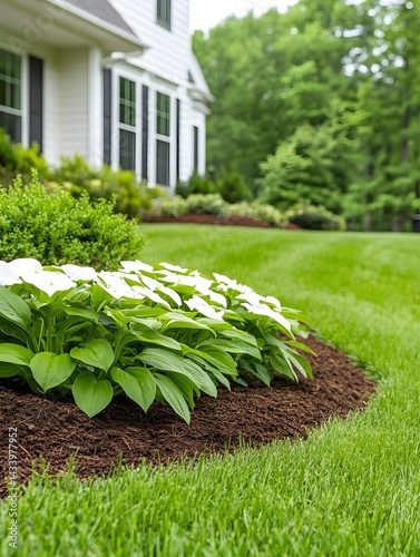 Lush green lawn with neatly trimmed edges, edged with dark mulch and vibrant white flowering plants, showcasing a manicured landscape before a white house