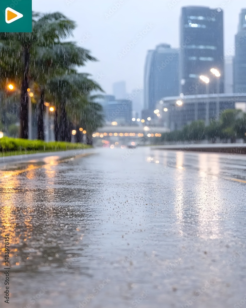 Naklejka premium Rainy city street scene, wet asphalt reflecting lights, palm trees lining the road, skyscrapers in background