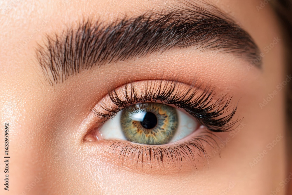 Obraz premium Macro shot of female eye showcasing lush eyelashes and vibrant green color