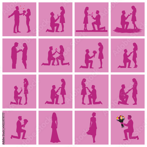 vector silhouette set of a man proposing to his girlfriend with flowers