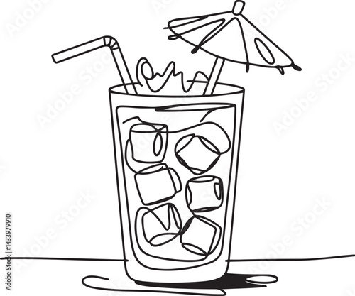 Black and white continuous line art drawing of a cocktail with ice and umbrella garnish in a glass capturing refreshing summer vibes and tropical beverage elegance