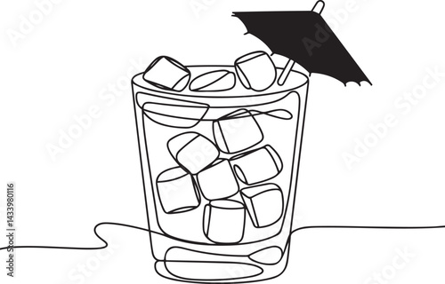 Refreshing cocktail with umbrella garnish in elegant black and white continuous line style featuring ice cubes and clear liquid in a stylish tropical drink illustration
